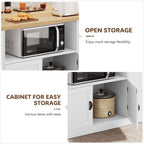 Large Kitchen Island, 63"L Island Table for Kitchen with Trash Bin | & Power Outlet, Farmhouse Kitchen Island on Wheels with Spice Rack & Microwave Cart Storage for Dining Room, Home Bar, White