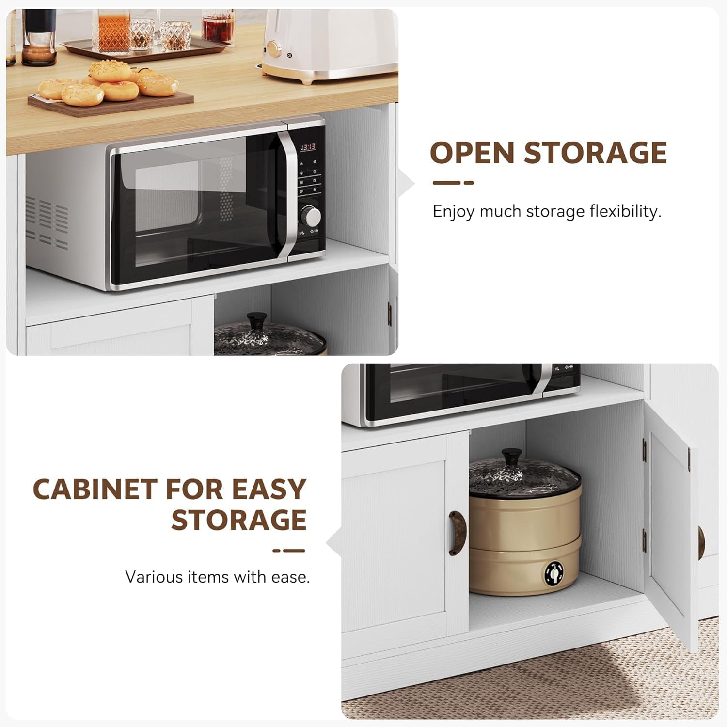 Large Kitchen Island, 63"L Island Table for Kitchen with Trash Bin | & Power Outlet, Farmhouse Kitchen Island on Wheels with Spice Rack & Microwave Cart Storage for Dining Room, Home Bar, White
