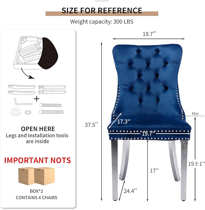 Mid Century Modern Dining Chairs Set of 4, Blue Velvet Upholstered Tufted Back, Kitchen & Dining Room Chairs, Brushed Silver Metal Legs, Nailhead Trim, Sillas para Comedor (Blue, 4 Pcs)