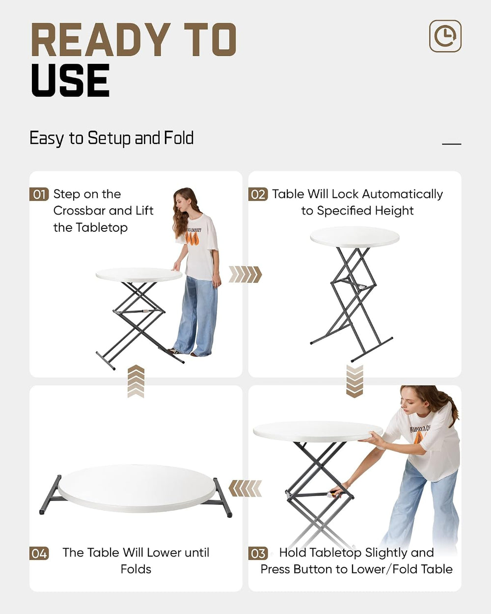 FanttikOutdoor Folding Table Round 32" Quick Adjust 4 Heights Party, Pat...