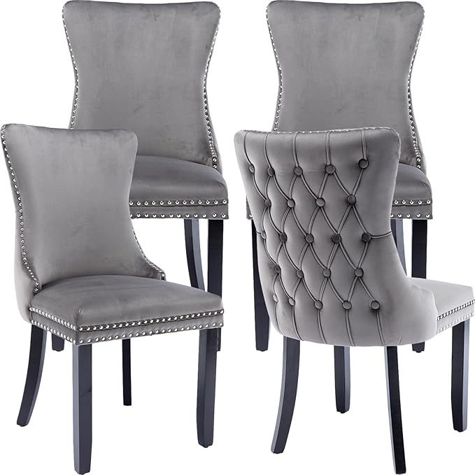 Modern Dining Chairs Set of 4, Upholstered Dining Chair with Full Back and Button Tufting, Grey Velvet Accent Chair, Sillas de Comedor, 4 Dining Chairs (Gray, Velvet, 4Pcs)