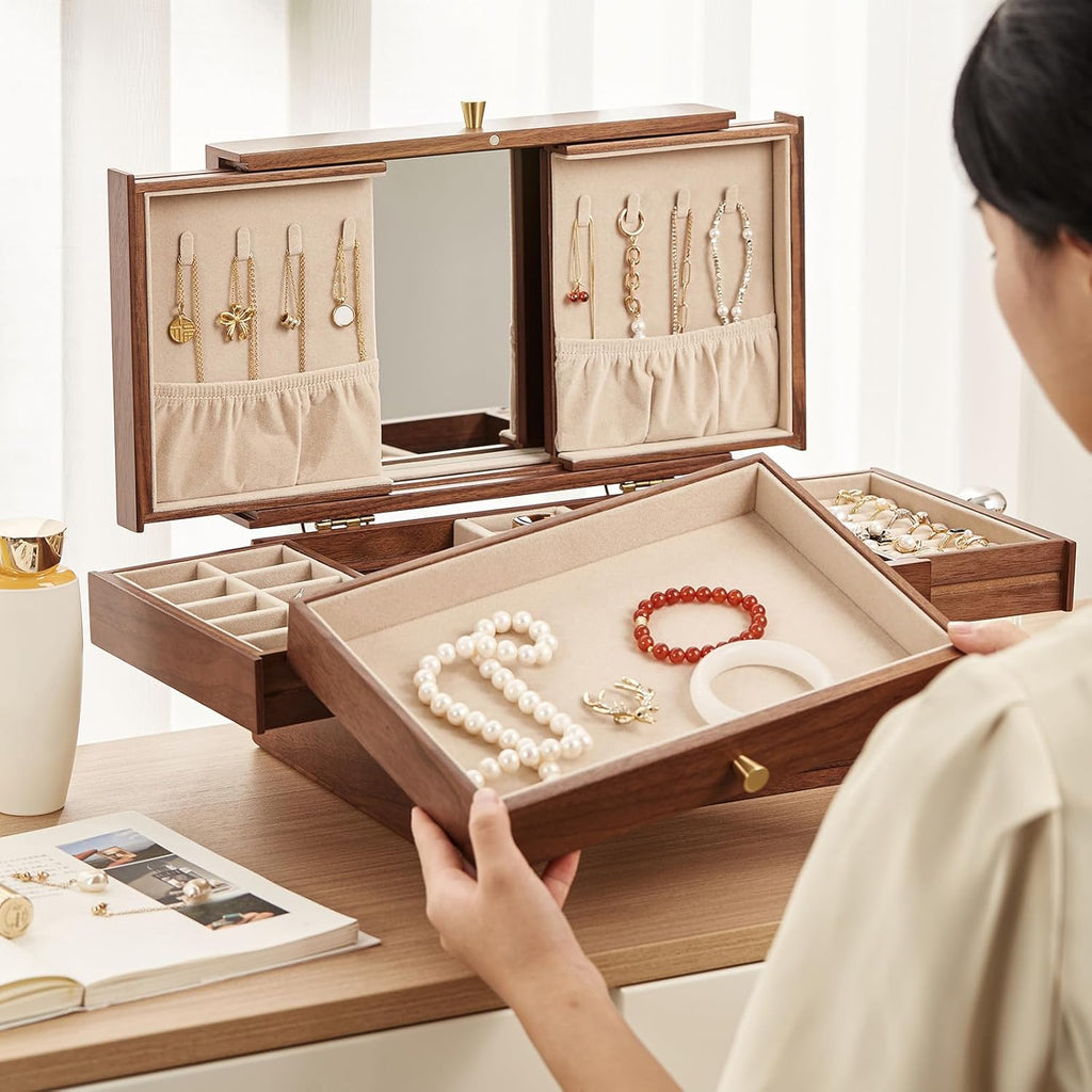 Wooden Jewelry Box for Women, 3 Level Multi-functional Drawers Black Walnut Jewelry Organizer Box, Watch, Necklace, Ring, Earring Storage Gifts(With Mirror B)