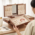Wooden Jewelry Box for Women, 3 Level Multi-functional Drawers Black Walnut Jewelry Organizer Box, Watch, Necklace, Ring, Earring Storage Gifts(With Mirror B)