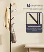 Coat Rack with 8 Hooks, 3 Adjustable Heights, Modern Hall Tree, Sturdy Metal Clothes Stand with Sintered Stone Base for Entryway, Office, Bedroom, for Coats, Hats, Handbags and Scarves, Black