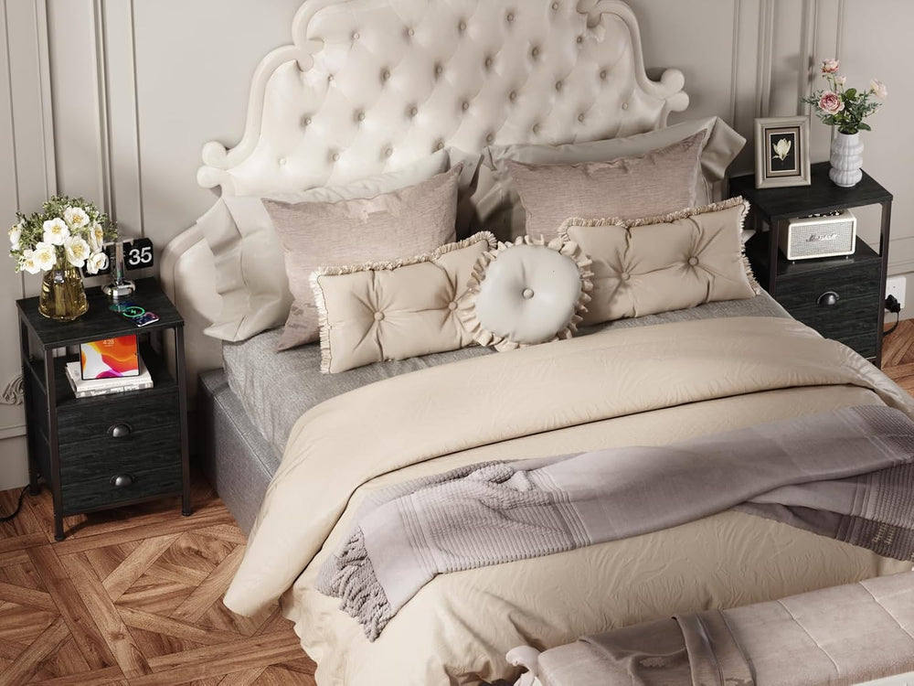 Furologee Nightstands Set of 2, End Tables with Charging Station and LED Ligh...