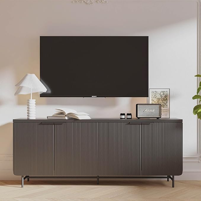 Black Fluted TV Stand with Led Light, 68" Entertainment Center with Storage, Television Stands for 55/60/65/70/75 inch TV, Mid Century TV Console, Media Console, Sideboard Cabinet for Living Room