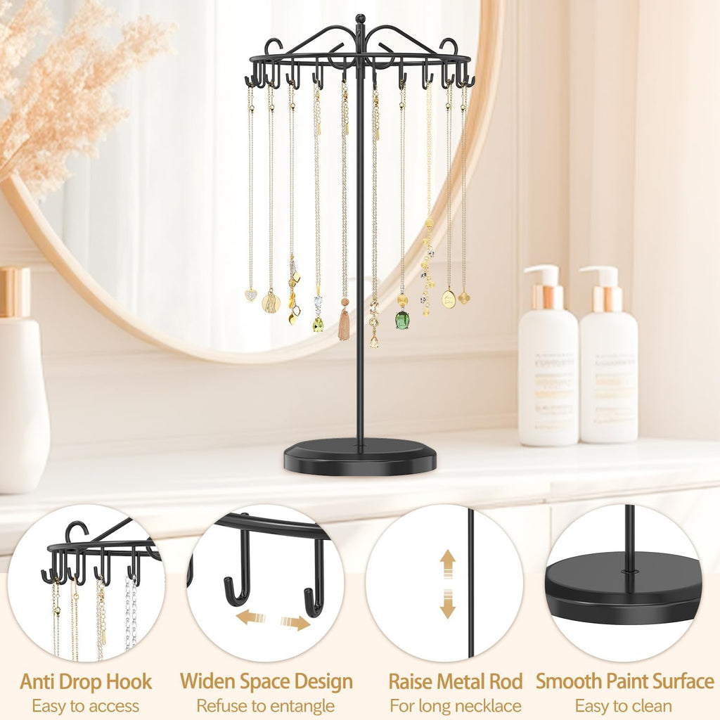 MODOWEY Rotating Necklace Holder Organizer Display Stand with 24 Hooks, Metal Spinning Tree for Long Necklace Hanger Selling, Tall Spinning Bracelet Storage Rack for Men Women Dresser, Black