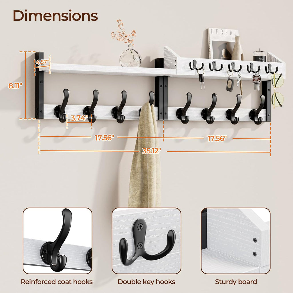 Evermagin 35" Coat Rack Wall Mount with Shelf, 4 in 1 Coat and Key Hanger with 13 Metal Hooks, Entryway Wall Mounted Shelf with Mail Holder for Living Room, Bedroom, White
