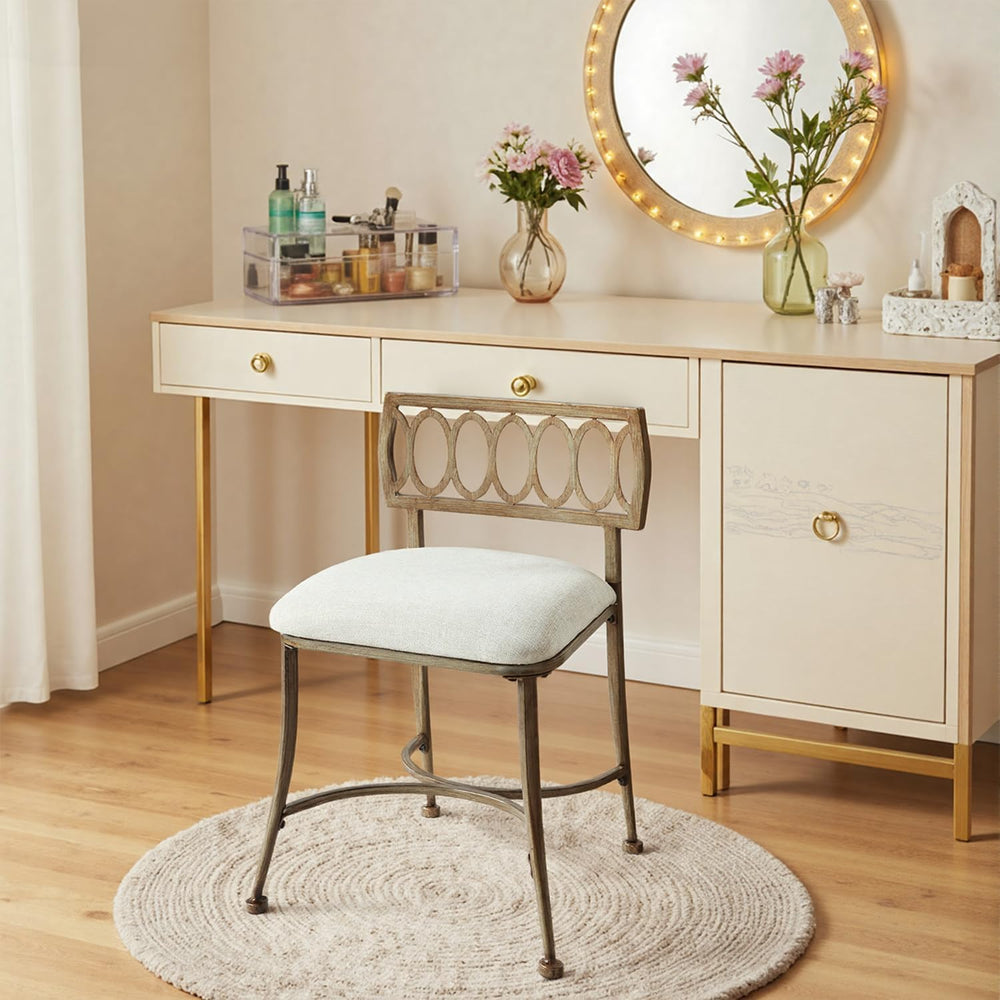 Golden Bronze Low Back Vanity Stool with Linen Seat