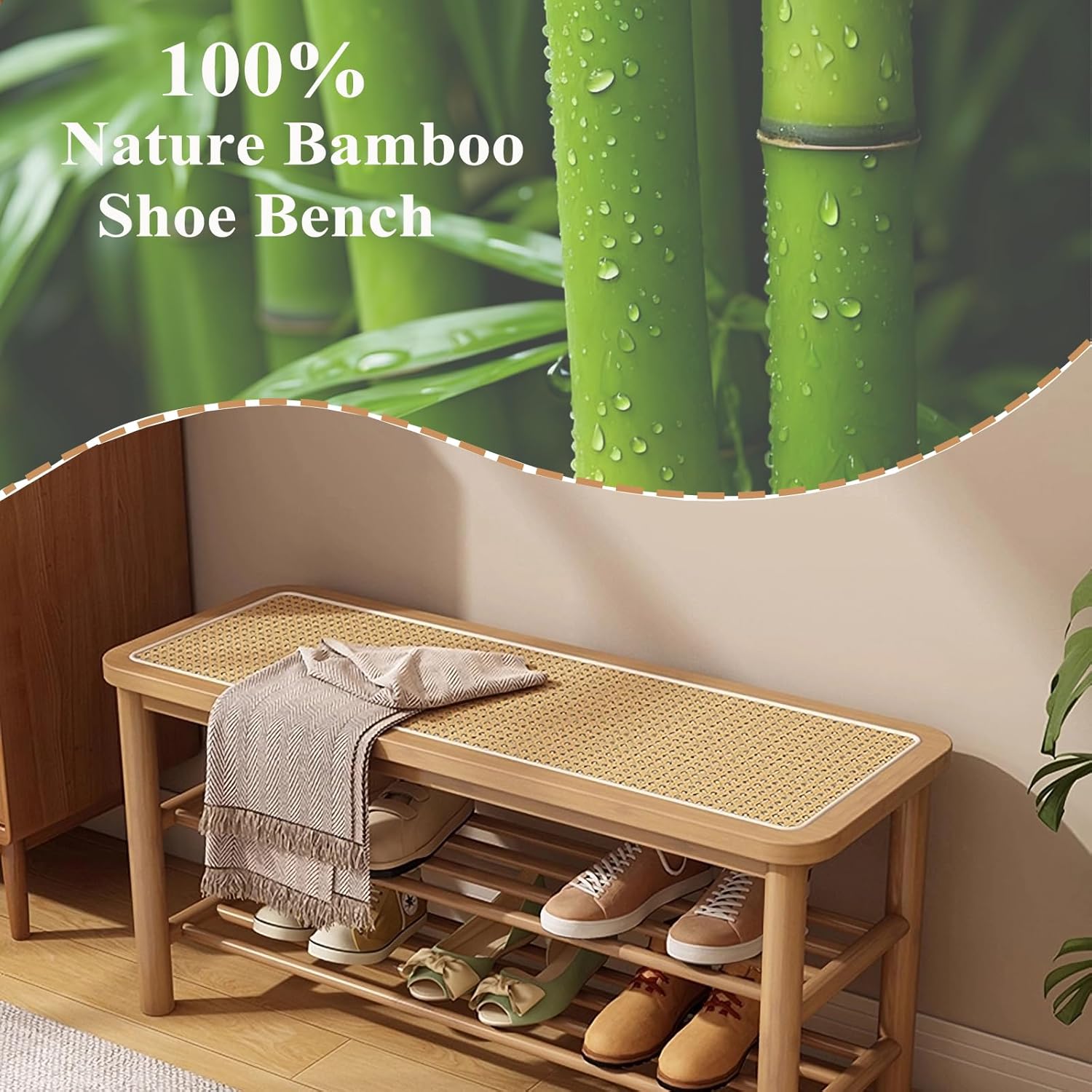 SOBIBO Bamboo Shoe Rack Bench with Rattan Seat, 3-Tier Shoe Storage Bench, Entryway Bench for Hallway Nature-23.62 inches