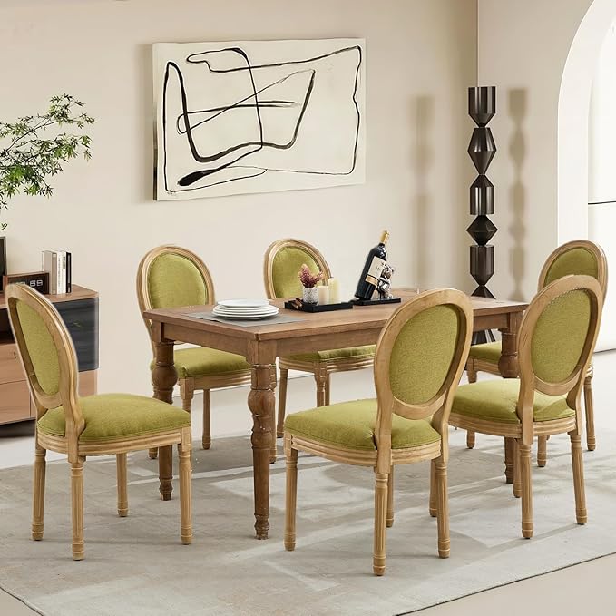 Linen Upholstered Dining Chairs Set of 6 French Country Oval Fabric Back Kitchen Side Chair with Wood Legs for Dining Room, Kitchen, Restaurant(Olive Green-Fabric)