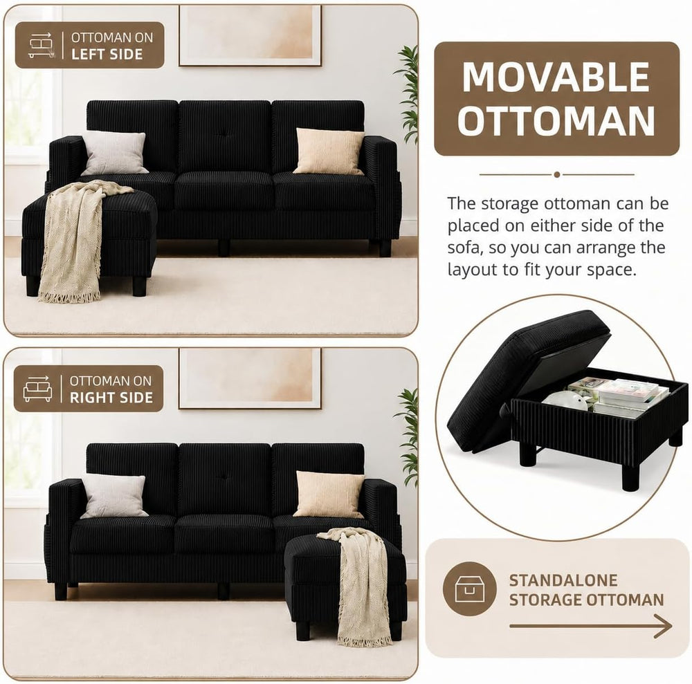 JAMFLY 77" L-Shaped Corduroy Sectional Sofa with Storage Ottoman, Black ...