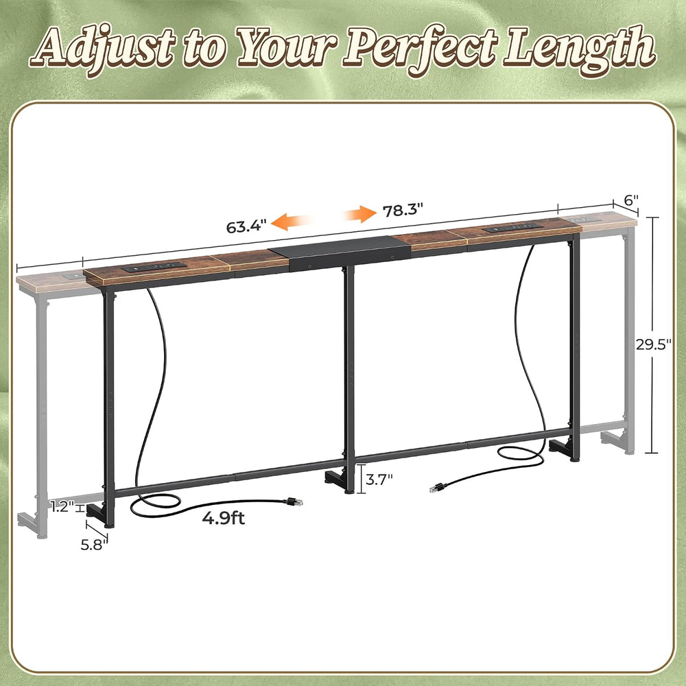 Huuger 63.4-78.3'' Extendable Behind Couch Table with Outlets, Rustic...