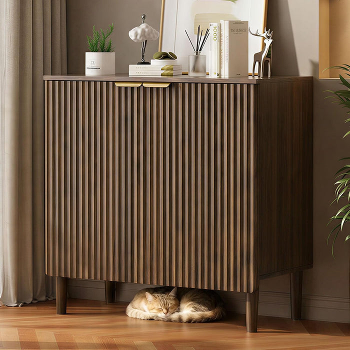 Sideboard Buffet Storage Cabinet - Wood Cabinets with Adjustable Shelves Fluted Doors, Anti-Tip Console Table for Kitchen Dining Living Room or Entryway Hallway, Easy Assembly, Walnut