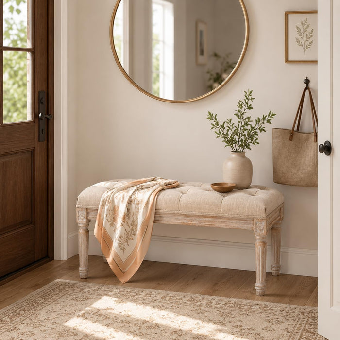 Kmax Tufted Entryway Bench, Upholstered Rustic Ottoman Bench, 31.5" x 15.75" x 15.7" Beige