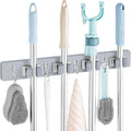 Gray Mop Broom Holder Wall Mount with 4 Slots & 4 Hooks - Wood Broom Mop Hanger for Pantry Closet Laundry Room Organization - Heavy Duty Garden Tool Organizer