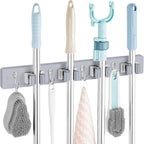 Gray Mop Broom Holder Wall Mount with 4 Slots & 4 Hooks - Wood Broom Mop Hanger for Pantry Closet Laundry Room Organization - Heavy Duty Garden Tool Organizer