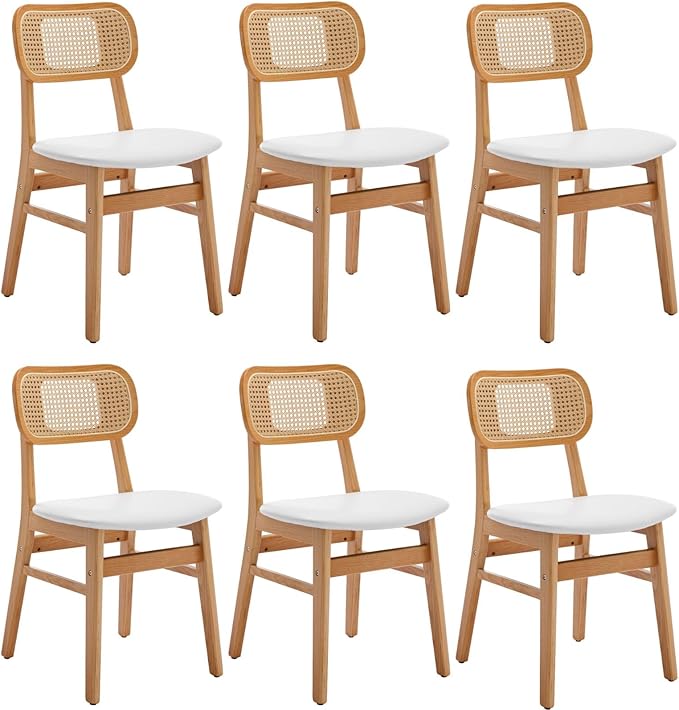 Rattan Dining Chairs Set of 6 White Faux Leather Dining Room Chairs Natural Wooden Kitchen Chairs Farmhouse Side Chairs