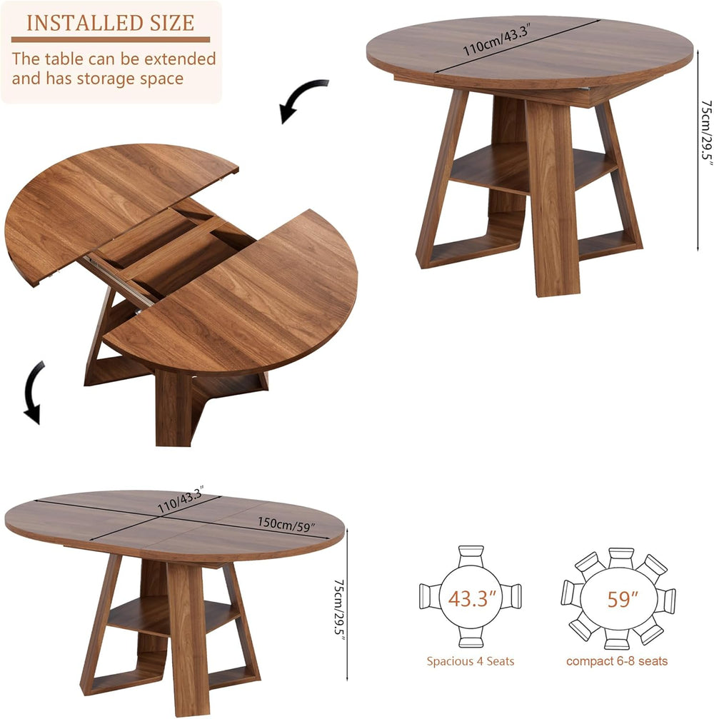 43.3in-59in Extendable Round Dining Table for 4-6,Modern Kitchen Oval Dining ...