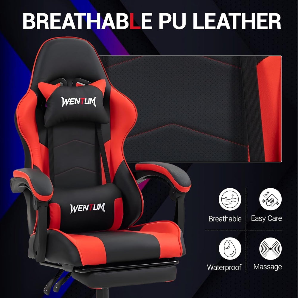 Gaming Chair with Footrest for Adults, PU Leather Massage Racing Video Game C...