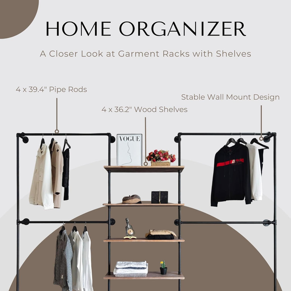 Industrial Pipe Clothing Rack, Wall Mounted Garment Hanging Rack with Shelves, 14.6x122.8x82.7 Inches, Model Y05