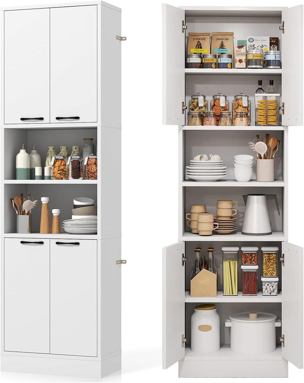 POWERSTONE Wood Kitchen Pantry Cabinet, 75" Tall Bathroom Storage Cupboa...