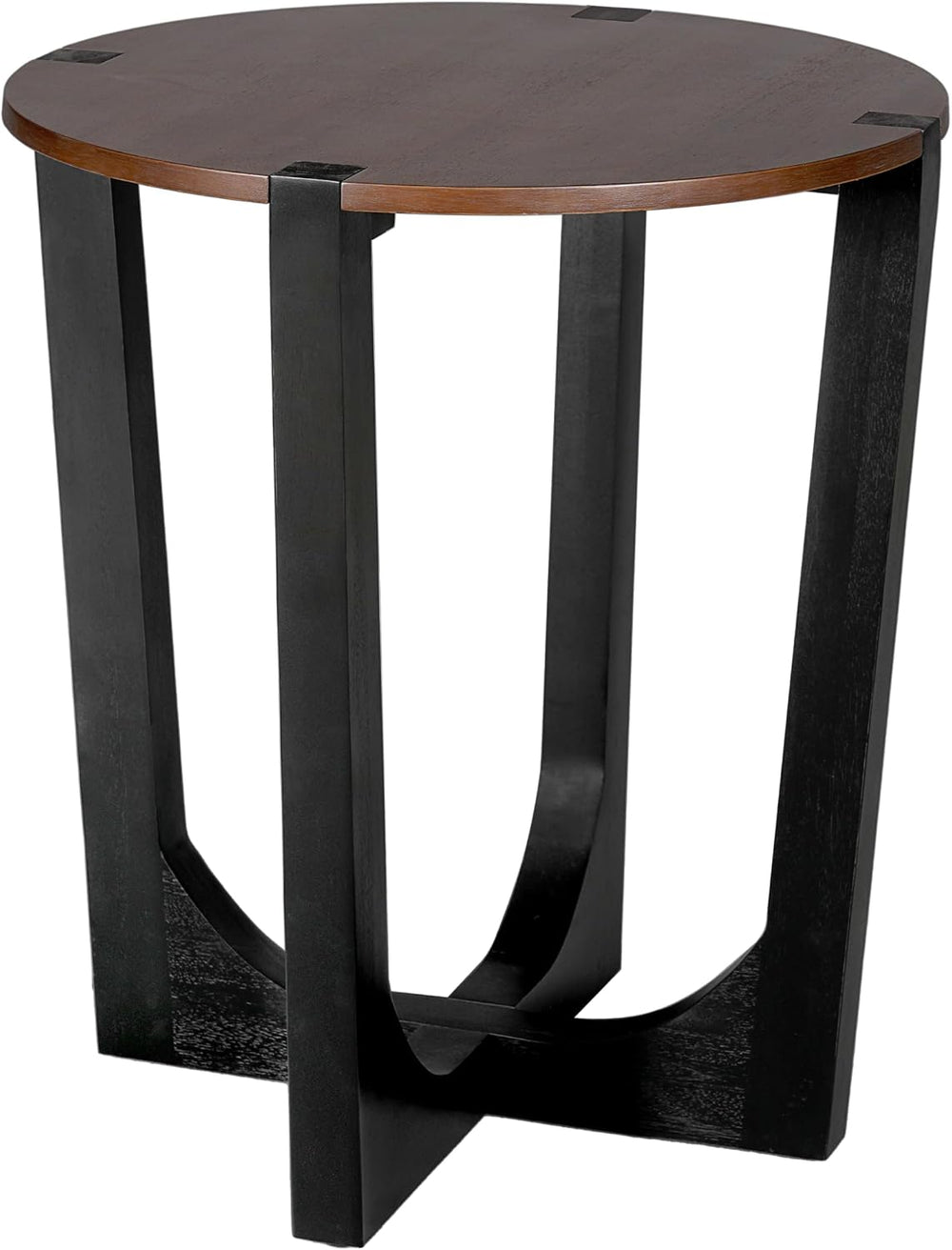 Round Wood Side End Table, Modern Industrial Accent Table with Curved Black M...