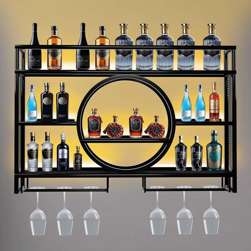 Wine Rack Wall Mounted with LED Light,Bar Liquor Shelf,Black,100*80*15 | Meta...