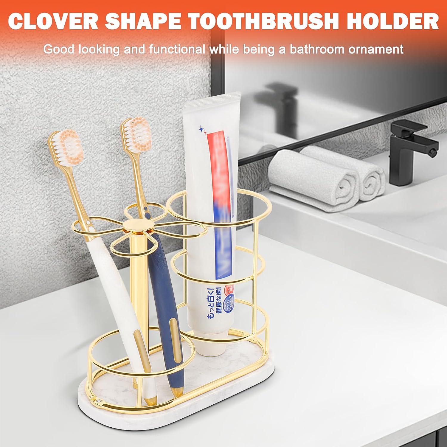HarJue Toothbrush Holder Stand for Bathroom, Metal Toothbrush Organizer with Marble Base, Toothbrush Storage Collection for Family, Suitable for Home Hotel Countertop Vanity (Medium, Gold)