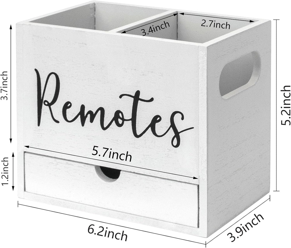 Remote Control Holder, 2 Slot TV Remote Holder& Desk Organizer with Drawers, Remote Organizer Caddy for Table, Wooden Remote Box for Nightstand,Media Storage Box for Living Room, Bed (White)