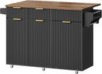 CHOEZON Mobile Kitchen Island with Folding Drop Leaf Countertop, Rolling Kitchen Island Cart with Trash Can Storage, Drawers, Adjustable Shelf, Spice Rack, Towel Bar, for Kitchen, Black and Walnut