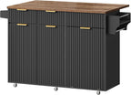 CHOEZON Mobile Kitchen Island with Folding Drop Leaf Countertop, Rolling Kitchen Island Cart with Trash Can Storage, Drawers, Adjustable Shelf, Spice Rack, Towel Bar, for Kitchen, Black and Walnut