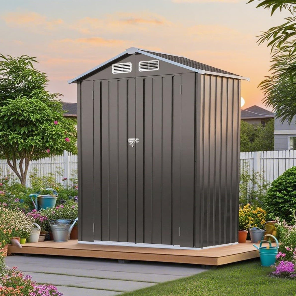 5x3 FT Outdoor Storage Shed, Metal Shed with with Peaked Roof, Lockable Door, All-Weather Lean to Resin Shed for Garden, Backyard, Patio, Lawn (Gray)