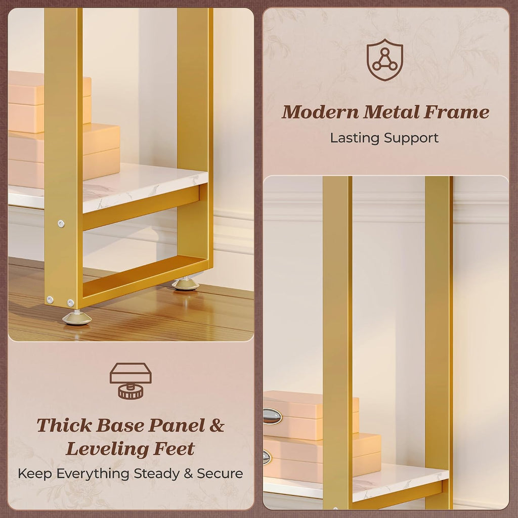 Huuger 47.2 Inch Entryway Table with Marble Top, 2-Tier Modern Console Sofa Table with Storage, Accent Table, for Entry, Hallway, Entrance, Foyer, T-Shaped Metal Frame, White Marble & Gold
