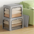 3Pack Clothes Storage Bins - Oxford Frame Storage Box Foldable Stackable Storage Organizer with 3 Openings Design, Metal Frame, Clear Window, Carry Handles (Grey, 100L-23.6 * 16.5 * 15.7in)