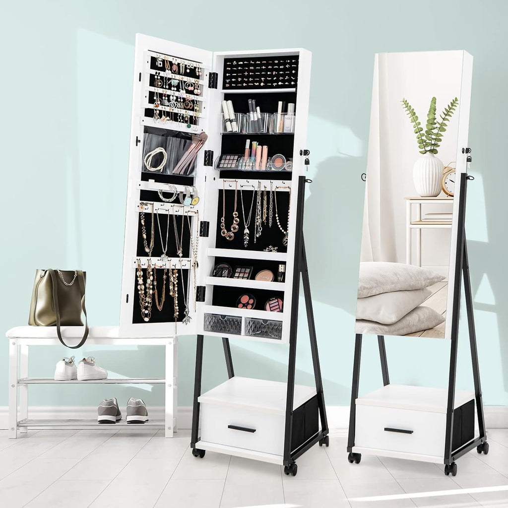 COSTWAY Mirror Jewelry Cabinet with Wheels, Standing Full-length Mirror with Jewelry Storage, Lockable Jewelry Organizer Box with Drawers, Rolling Jewelry Armoire for Women Girls Bedroom (White)