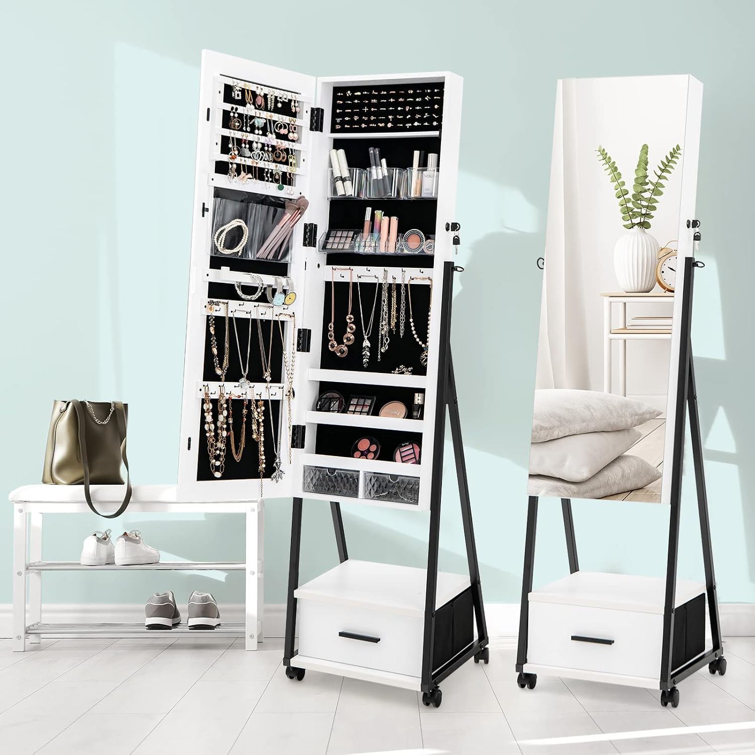 COSTWAY Mirror Jewelry Cabinet with Wheels, Standing Full-length Mirror with Jewelry Storage, Lockable Jewelry Organizer Box with Drawers, Rolling Jewelry Armoire for Women Girls Bedroom (White)