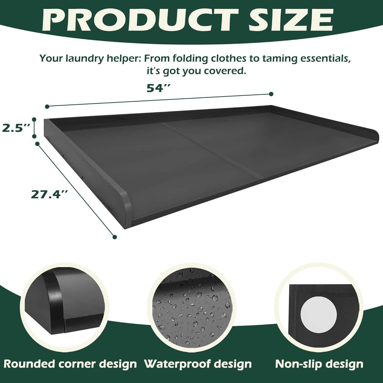 Royxen Washer Dryer Countertop, 27.4" x 54" Wood Universal Fit, Washer Dryer Topper, Laundry Room Organization, Laundry Countertop for Laundry Organization, Black