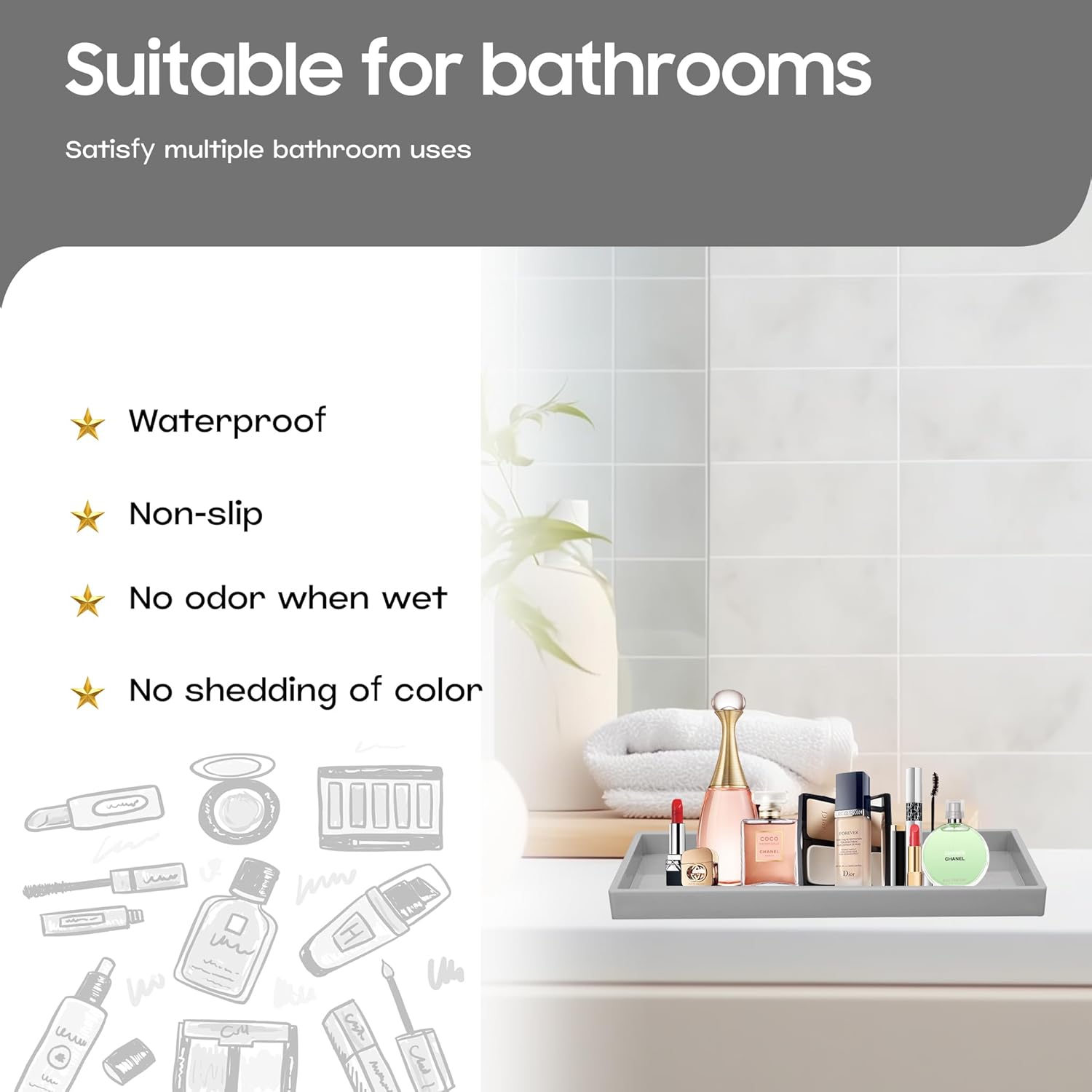 Vanity and Bathroom Tray, 15" ABS Countertop Organizer,Waterproof Vanity Tray for Toilet Tank,Perfume,Soap,Keys,Bathroom Accessories,Kitchen and Bath Trays,Non Slip Small Trays,Gray