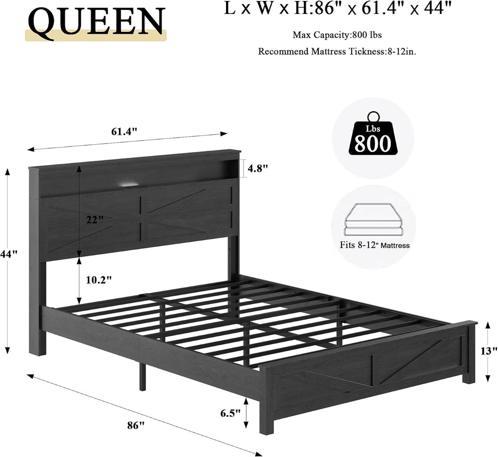 Queen Size Farmhouse Wooden Bed Frame with Storage Headboard