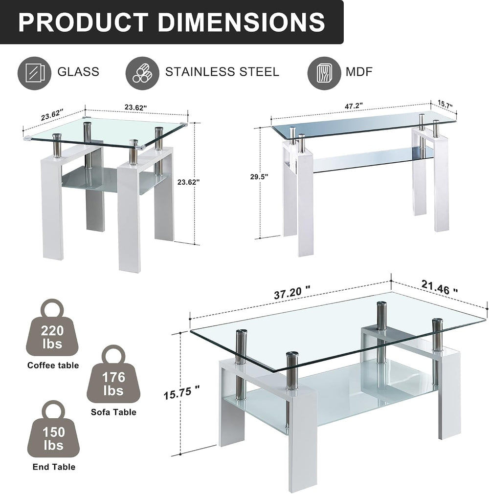 Rectangle Glass Coffee Table Set of 3,2-Tier Modern Glass Living Room Set Inc...