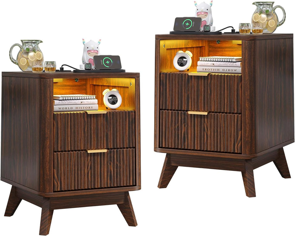 Nightstand with Charging Station, Fluted Nightstand with LED Lights, Modern Rustic Side Table with 2 Storage Drawers, Wooden End Table for Bedroom, Walnut 2pcs