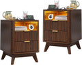 Nightstand with Charging Station, Fluted Nightstand with LED Lights, Modern Rustic Side Table with 2 Storage Drawers, Wooden End Table for Bedroom, Walnut 2pcs