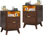 Nightstand with Charging Station, Fluted Nightstand with LED Lights, Modern Rustic Side Table with 2 Storage Drawers, Wooden End Table for Bedroom, Walnut 2pcs