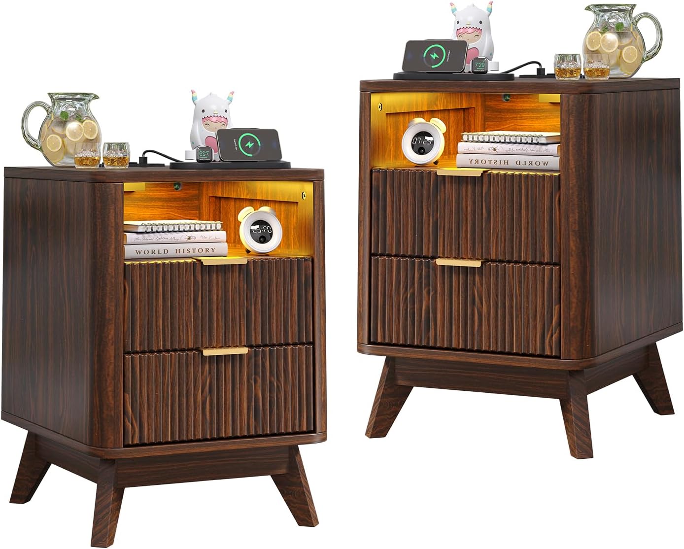Nightstand with Charging Station, Fluted Nightstand with LED Lights, Modern Rustic Side Table with 2 Storage Drawers, Wooden End Table for Bedroom, Walnut 2pcs