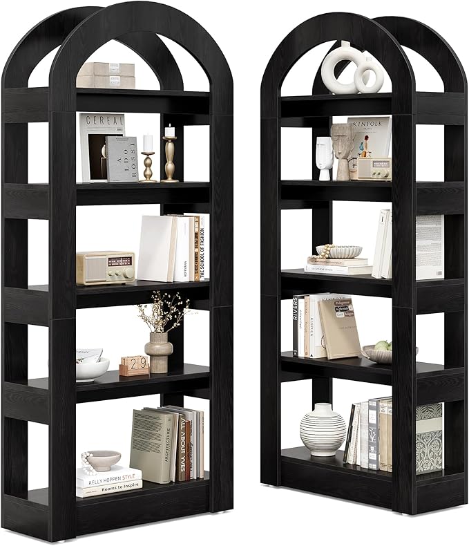LITTLE TREE 5-Tier Bookshelf, Arch-Shaped Racks, Tall Standing Wooden Bookcase Display Shelf Modern Storage Solution (2, Black)