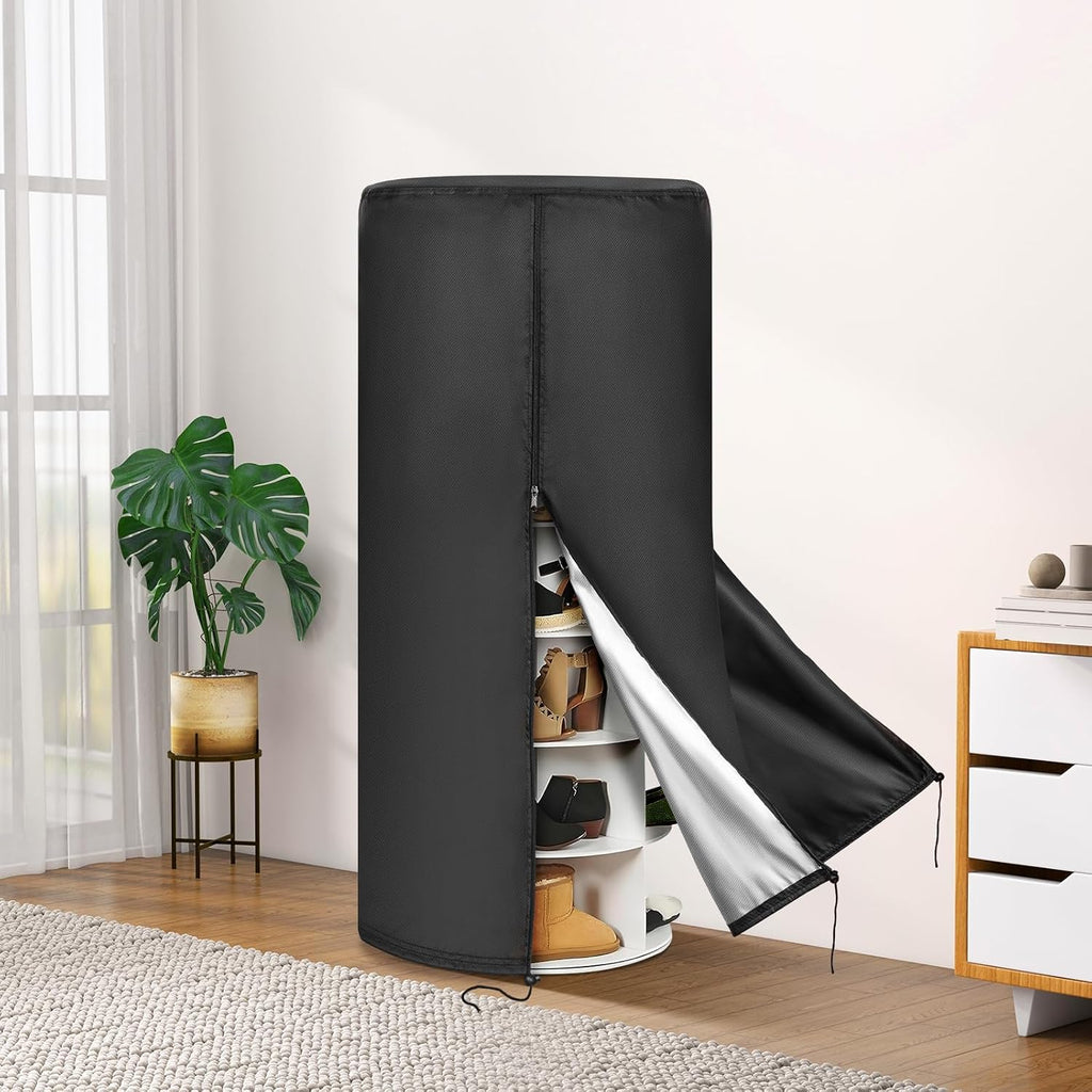 420D Black Rotating Shoe Rack Tower Cover,25" Diax63 H,Cover Only | Spinning Storage Tower Cover – Waterproof, Windproof, Adjustable Drawstring & Zippers,Pet-resistant