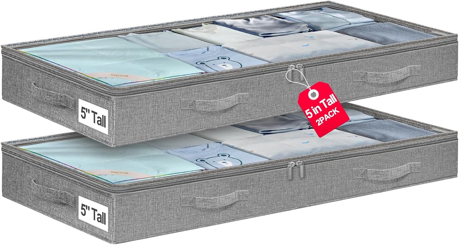 punemi 5 Inches High Low Profile Under Bed Storage Containers，No-Structure,Soft Fabric Zippered Underbed Storage bins for Clothes and Blankets— Fits Under Crib, Couch or Dorm bed,2-Pack,Grey