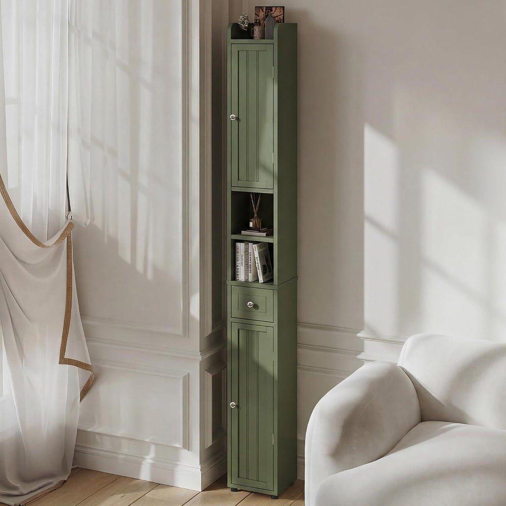 ChooChoo Narrow Bathroom Storage Cabinet with Adjustable Shelves and Drawer | Tall Slim Storage Cabinet, Freestanding Cupboard for Small Spaces, Green