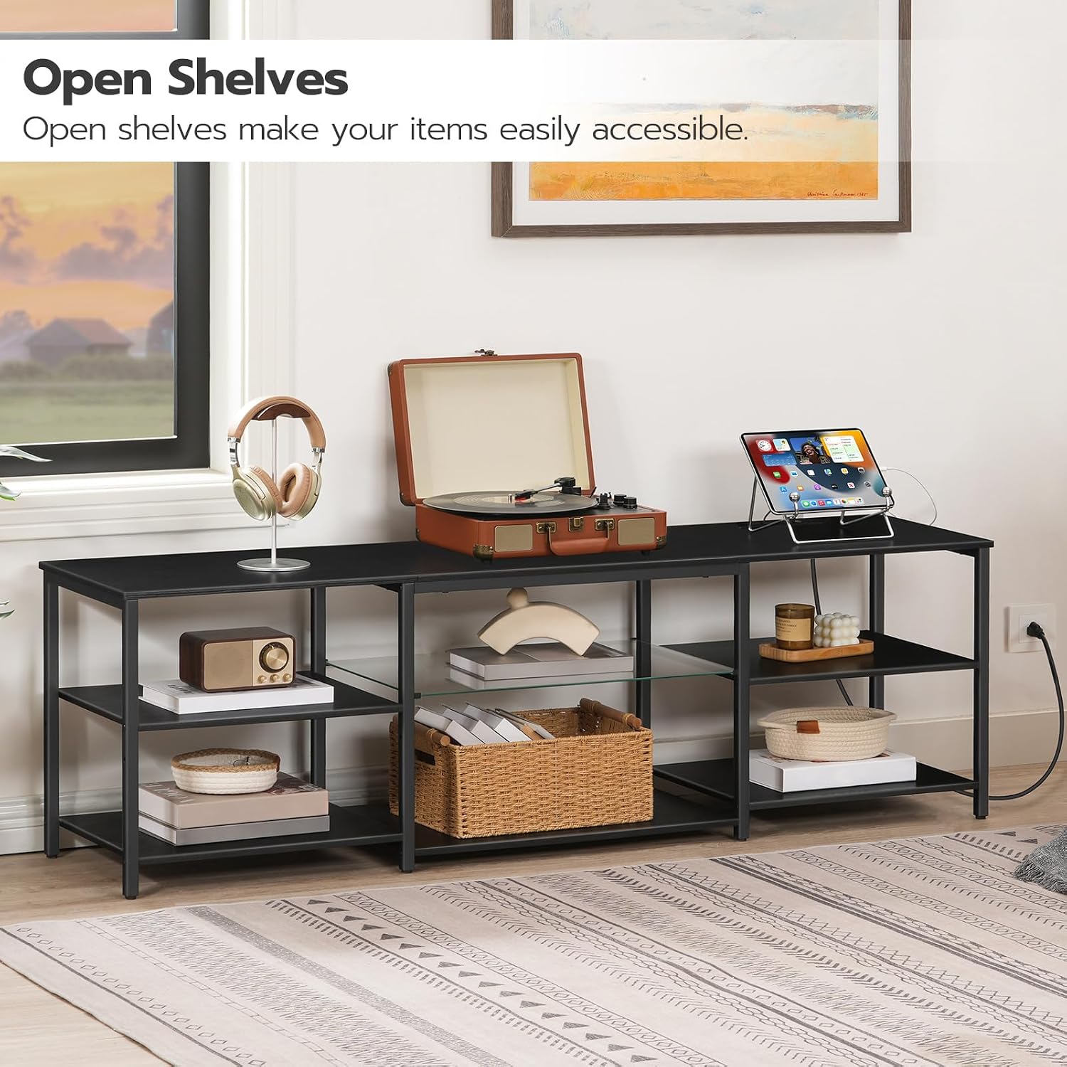 HOOBRO LED TV Stand for 75 Inch TVs with Charging Station, Gaming Entertainment Center with 3-Tier Open Storage, Long 63” Media TV Console Table, TV Stand for Living Room, Bedroom, Black BB21UDDS01
